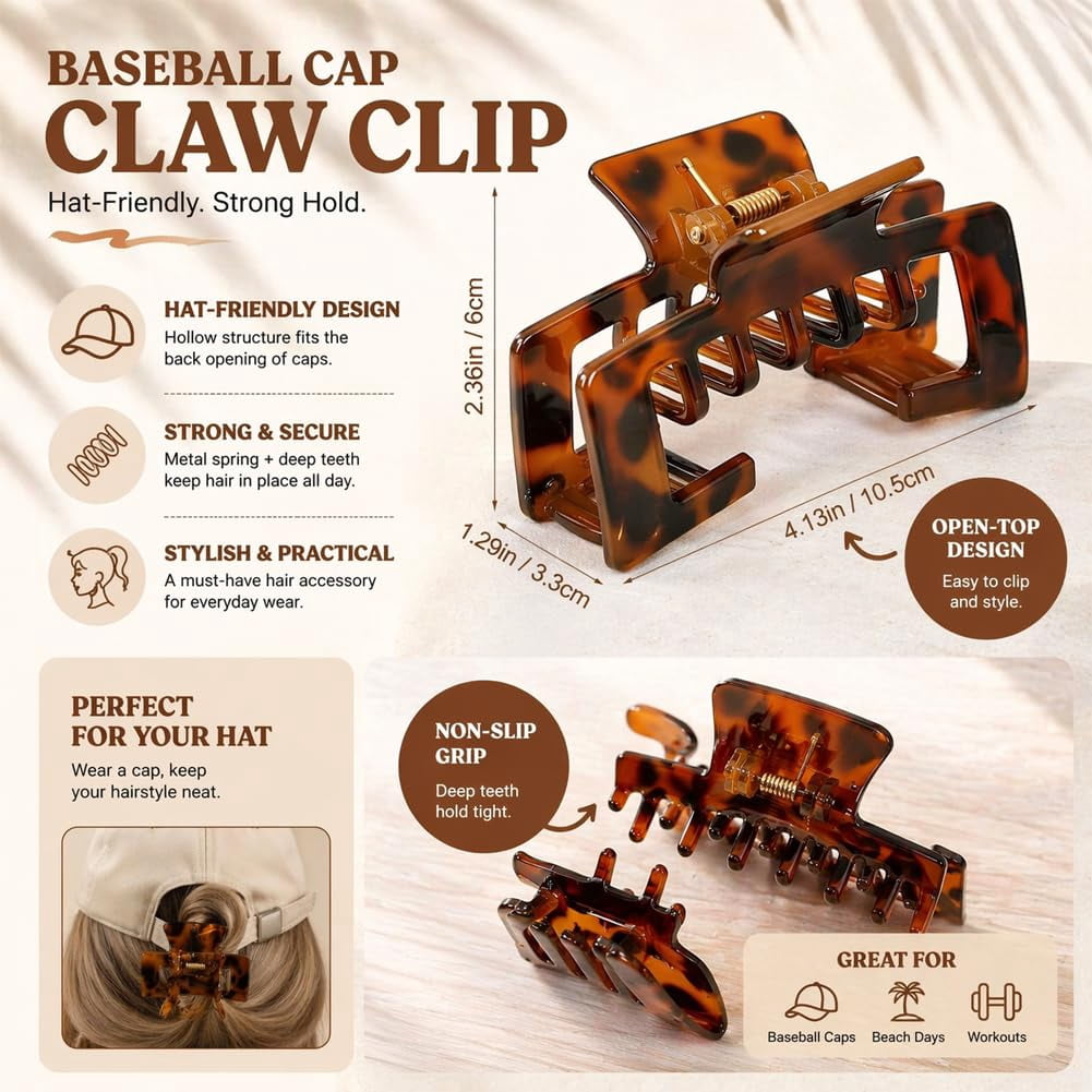 Hat Claw Clip,Baseball Hair Clip for Women, Square Hair Claw Clips, Non-Slip Adjustable Design for Thick & Fine Hair, Hat-Friendly for Baseball Caps