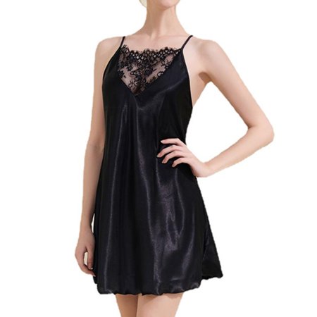 

Homgro Women s Short Nightgown Summer Lace Sleep Shirt Deep V Neck Mini Silk Pajama Dress Spaghetti Strap Sleepwear Nighties Chemise Soft Lightweight Dressing Gown Black X-Large