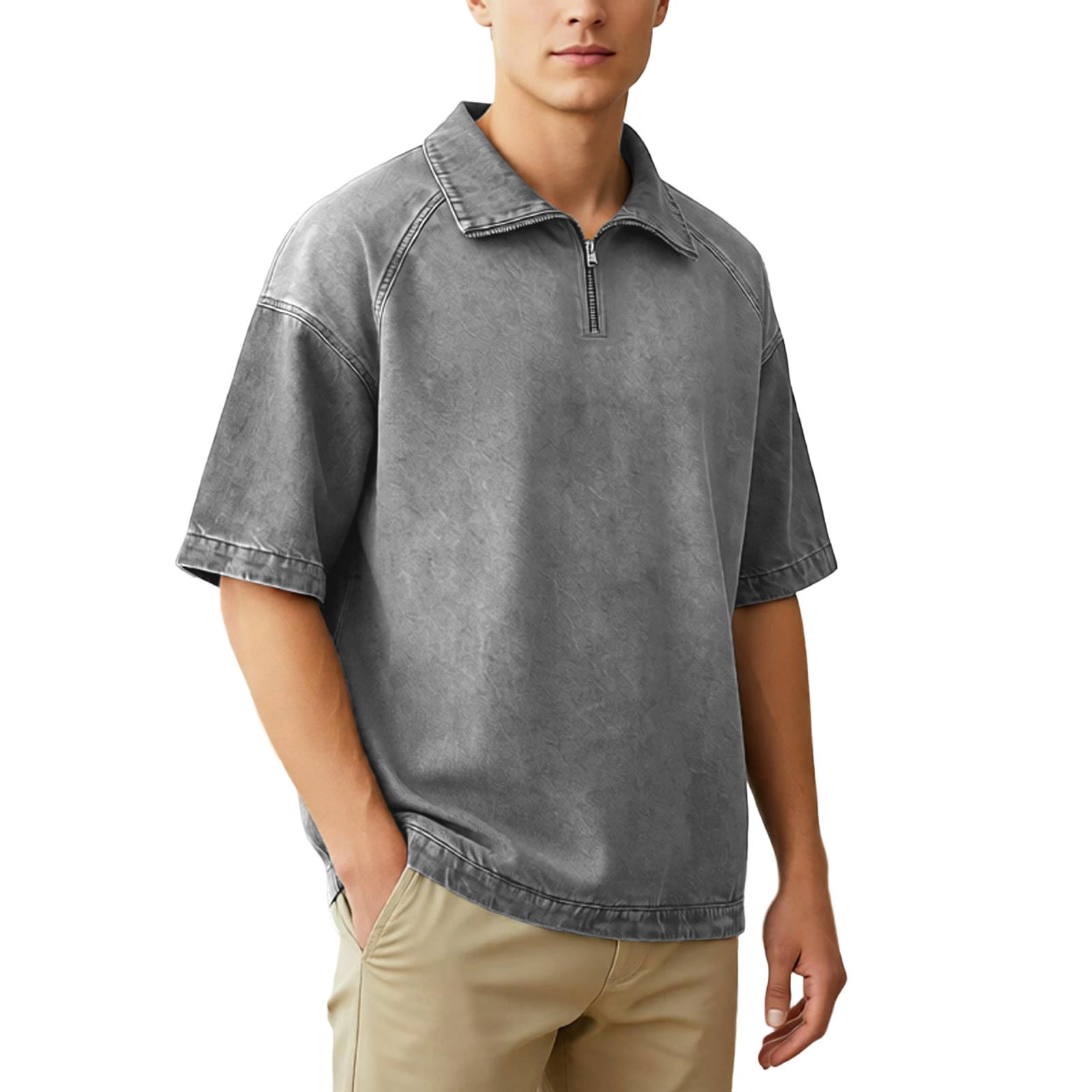 Rhuody T Shirts For Men Adult Referee Shirt V Neck Striped Sweatshirt Short Sleeved Top Versatile Clothing Grey M