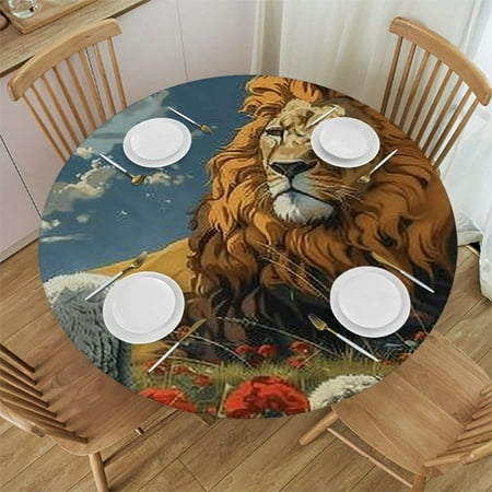 

BCIIG Lion Sheep Field Round Table Cover Stain Resistant and Washable Perfect for Indoor and Outdoor Use Kitchen Dining Wedding Parties - Ideal for Picnics Camping and Kitchen Dining