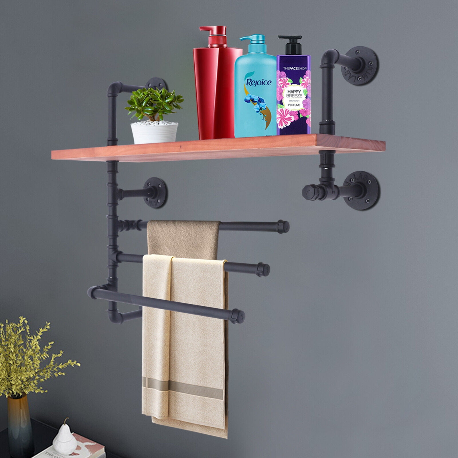 Industrial Towel Rack Wall‑Mounted Floating Storage Shelf Bathroom