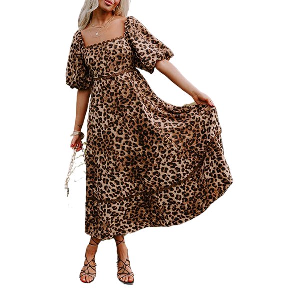 Brown Leopard Print Bubble Sleeve Square Neck Maxi Dress for Women - [ZhiHiMeRi] | (US 12-14)L