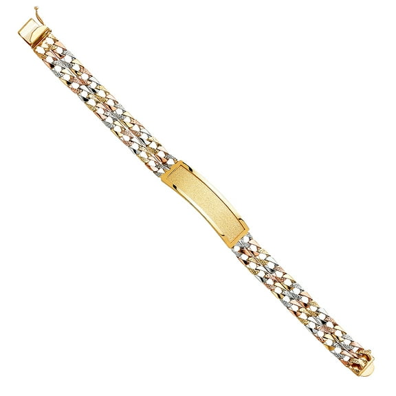 Wellingsale 14k Tri 3 Color Gold Solid Polished Mens 2 Line Nugget Cuban Link ID Bracelet - 8.5"