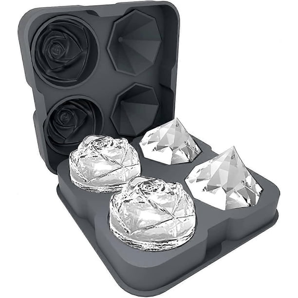 Ice Cube Tray, 2.5inch Ice Cube Molds, 2 Cavity Silicone Rose & 2 Diamond Ice Ball Maker, Easy Release Large Ice Cube Form for Chilling Cocktails, Wh