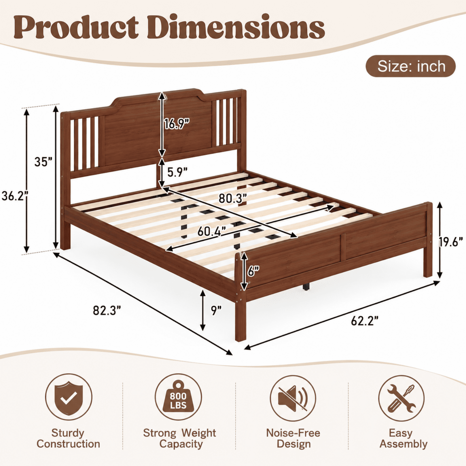 Miniyam Queen Size Solid Bamboo Platform Bed Frame with Headboard, Brown