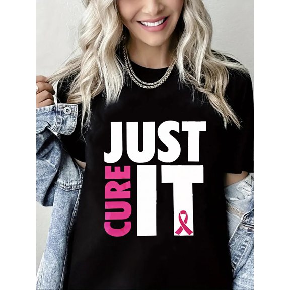 Breast Cancer Tshirt Pink Just Cure It Print Short Sleeve Shirt for Women