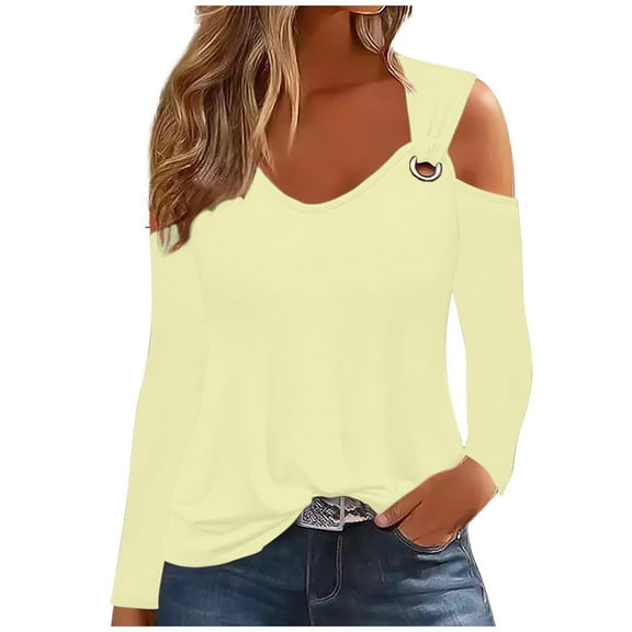 AherBiu Long Sleeve Shirts for Women off Shoulder Scoop Neck Pullover Fall Spring Tops Blouse Solid Color