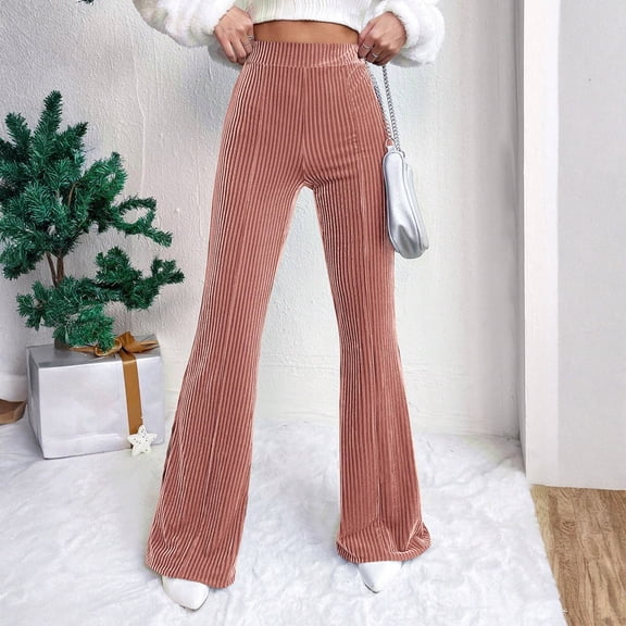 Women's Corduroy Flare Pants, Casual Retro High Waisted Bell Bottom Trousers with Pockets, Wide Leg Pants for Women, 70s Vintage Style Denim Pants,Pink,M