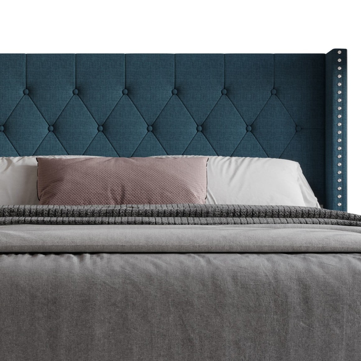 Home Design Homer King Button-Tufted Wingback Upholstered Panel Bed Frame with Nailhead Trim design for Adult, Denim Blue, Easy Assembly