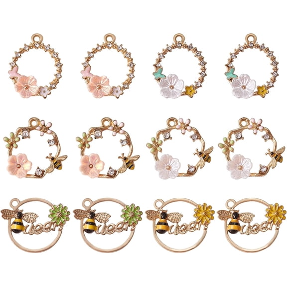 12 Pieces Bee Flower Charms Rhinestone Alloy Honeybee Pendants Flat Round Hollow Jewellery Findings for Necklaces Bracelets Jewelry Making Crafts Supplies