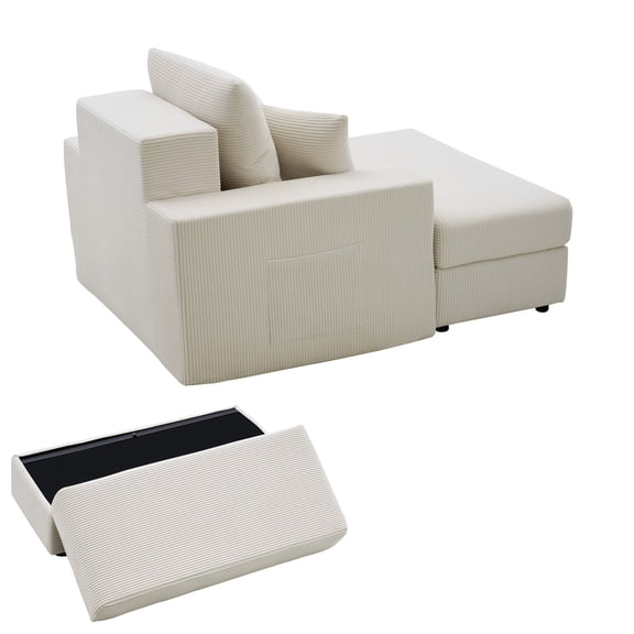 KFFKFF Oversized Modular Chaise Lounge Chair, 44-Inch Indoor Lounger with Corduroy Upholstery, Throw Pillows, and Armrests, Comfortable Deep Seat Sofa for Living Room or Bedroom, Beige