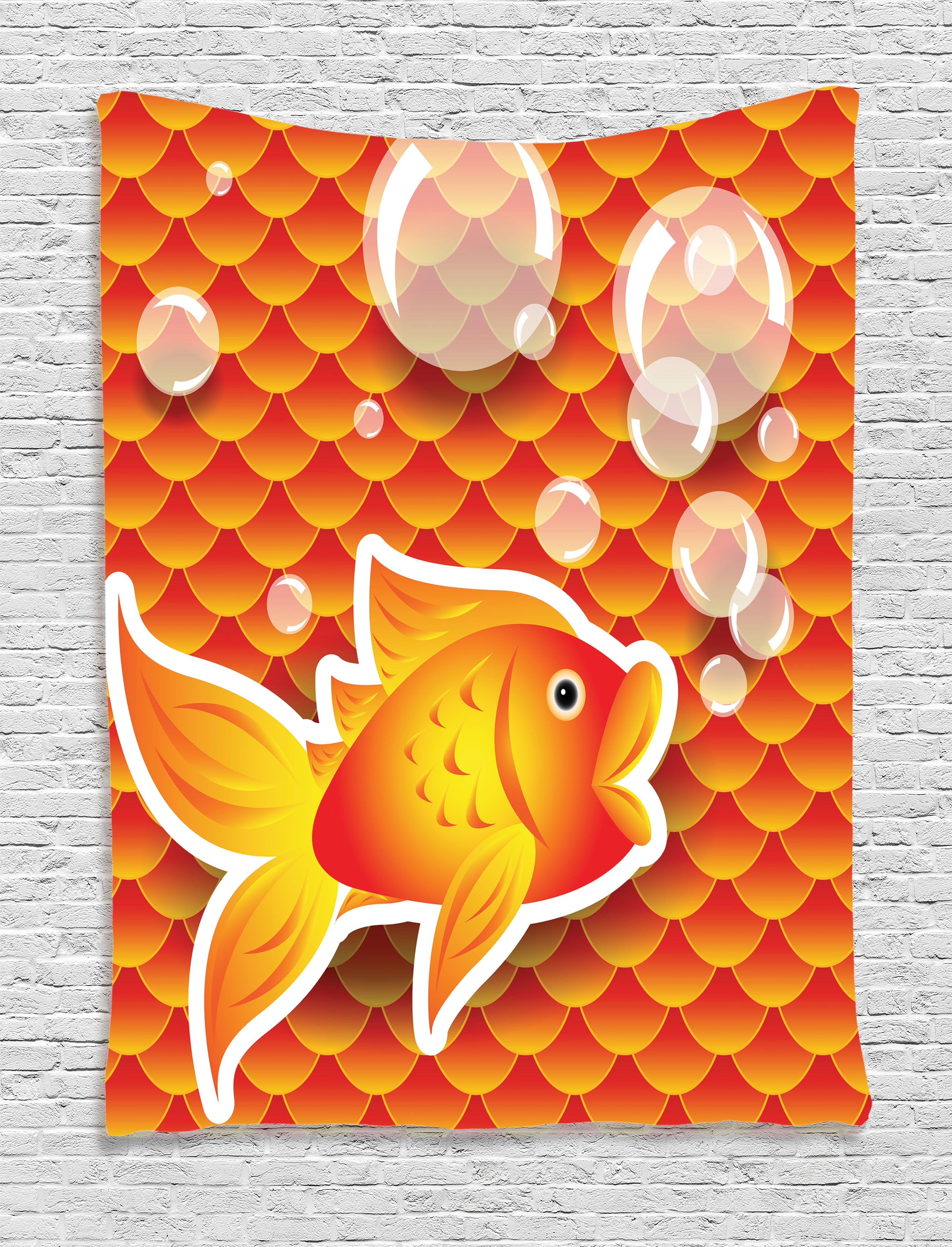 Orange Wall Hanging Tapestry Cute Small Goldfish Talking With Bubbles Random Scallop Patterns Decorative Home Bedroom Living Room Dorm Decor Burnt