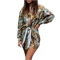 thumbnail image 2 of Falda corta del vestido de la camisa de la correa delgada de la manga larga de la impresión de la solapa del temperamento de la moda de las mujeres Pompotops  qwe12639, 2 of 9