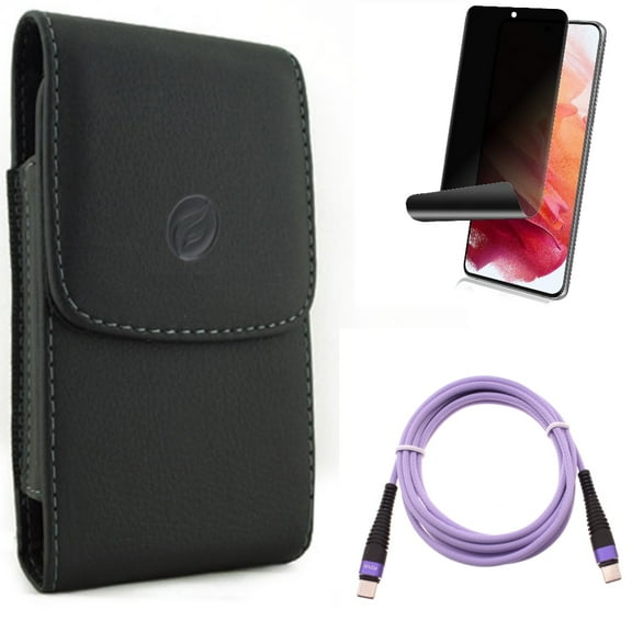 Case Belt Clip & Privacy Screen Protector & Purple 10ft PD Cable for Samsung Galaxy S22 (6.1") - Leather Holster & TPU Film Fingerprint Works & Type-C to USB-C Fast Charger Cord Accessory Bundle