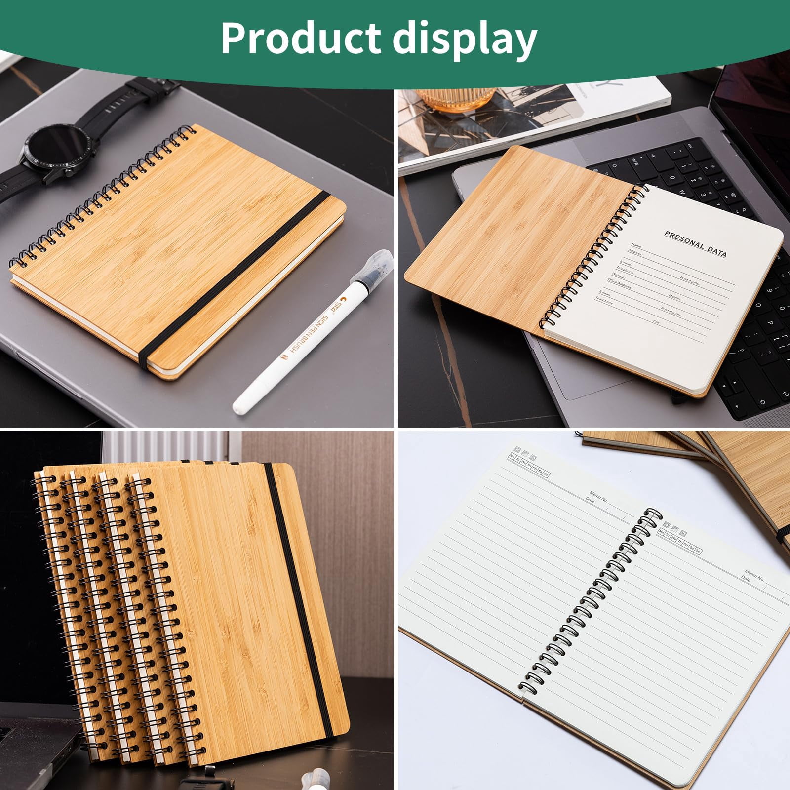 4 Packs Lined Bamboo Notebook Journals  Wooden Notebooks 80 Pages 5" * 7" Hardcover College Thick Paper Journaling For Work Women Men School