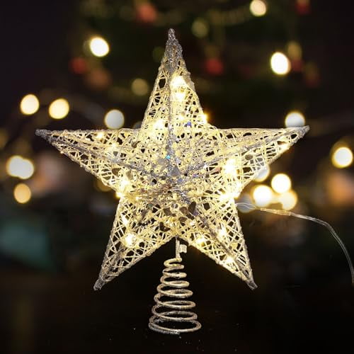 Lighted Christmas Tree Star Topper Glittered Gold Hollow Star Treetop for Home Christmas Tree Decoration (Silver)