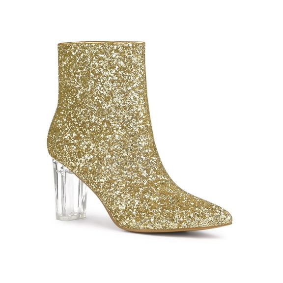 BLISSFUL STEP Women's Clear Block Heel Ankle Booties Pointed Toe Party Shoes Gold 9.5
