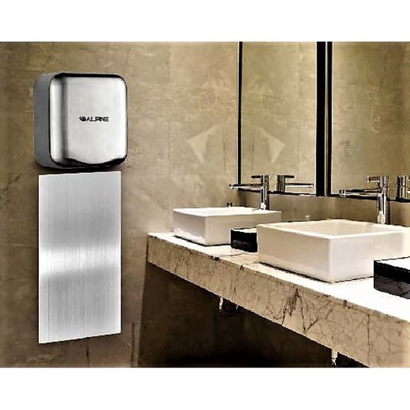 Alpine Industries Hemlock Brushed Stainless Steel 220-Volt Commercial Automatic High-Speed Electric Hand Dryer with Wall Guard