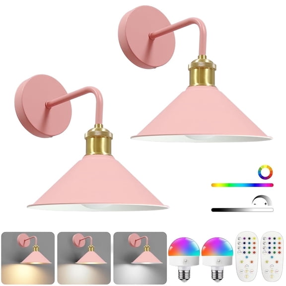 XMZHOU 2 Pack Wall Lights Battery Operated Wall Sconces, Dimmable LED Battery Powered Wall Lamp Fixture with Remote Control for Bedroom, Living Room, Hallway, Pink Wireless Wall Sconces