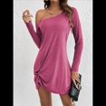 thumbnail image 4 of Tunique à une Épaule pour Femmes Manches Longues Ourlet Torsadé Robe Mini Décontractée Ample Printemps Été Rose Rouge P, 4 of 10