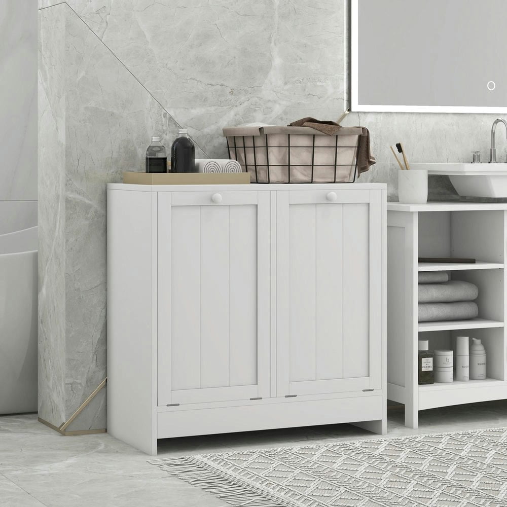 Barara King Laundry Hamper, Laundry Hamper Cabinet,Bathroom Tilt-out Laundry Storage Cabinet with 2 Compartment Hampers, White