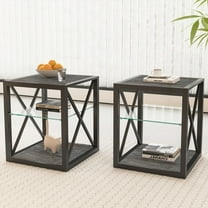 Set of 2 Modern Side Tables for Bedroom & Living Room, Glass & Wood, Stable with 3-Tier Storage