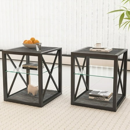 Set of 2 Modern Side Tables for Bedroom & Living Room, Glass & Wood, Stable with 3-Tier Storage