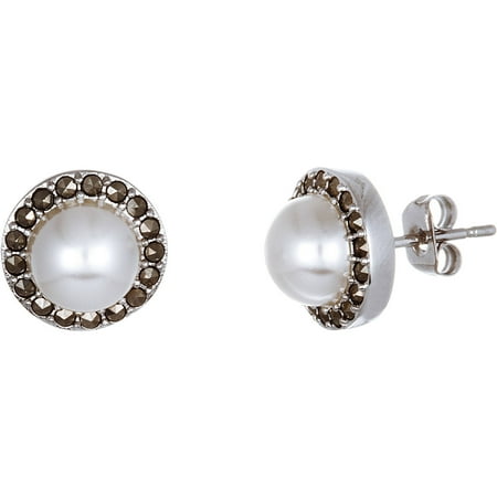 Ss Marcasite Pearl - Lesa Michele Oxidized Round Pearl Marcasite Post Earrings in Sterling Silver