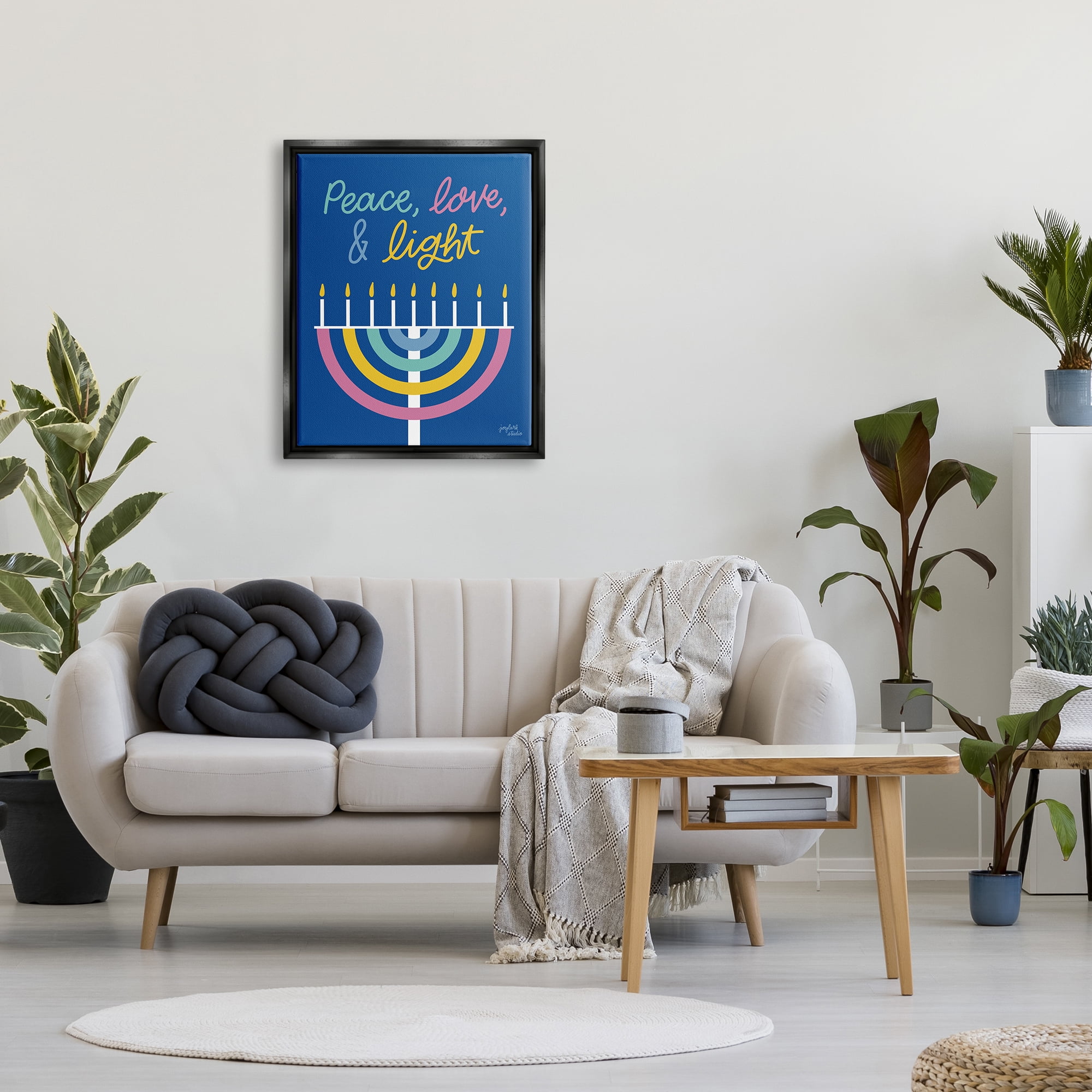 Stupell Industries Peace Love & Light Casual Holiday Hanukkah Menorah Graphic Art Jet Black Floating Framed Canvas Print Wall Art, Design by Jess Baskin