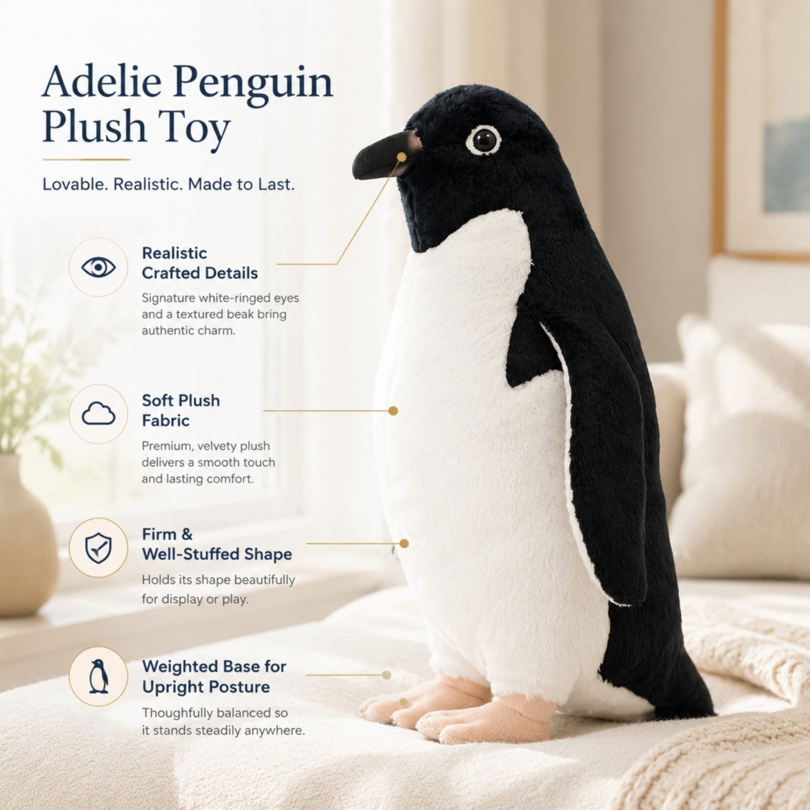 MAOWO Planet Realistic Adélie Penguin Plush Toy, Weighted Base Stuffed Marine Bird with Upright Standing Posture, 30 cm / 12 in