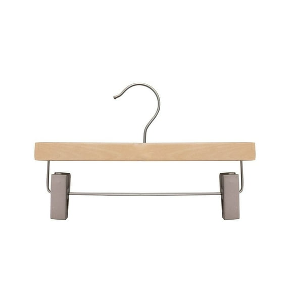 NAHANCO 12” Kids' Wooden Pant Skirt Hanger, Brushed Chrome Hook and Clips, Low Gloss Natural (Pack of 100)