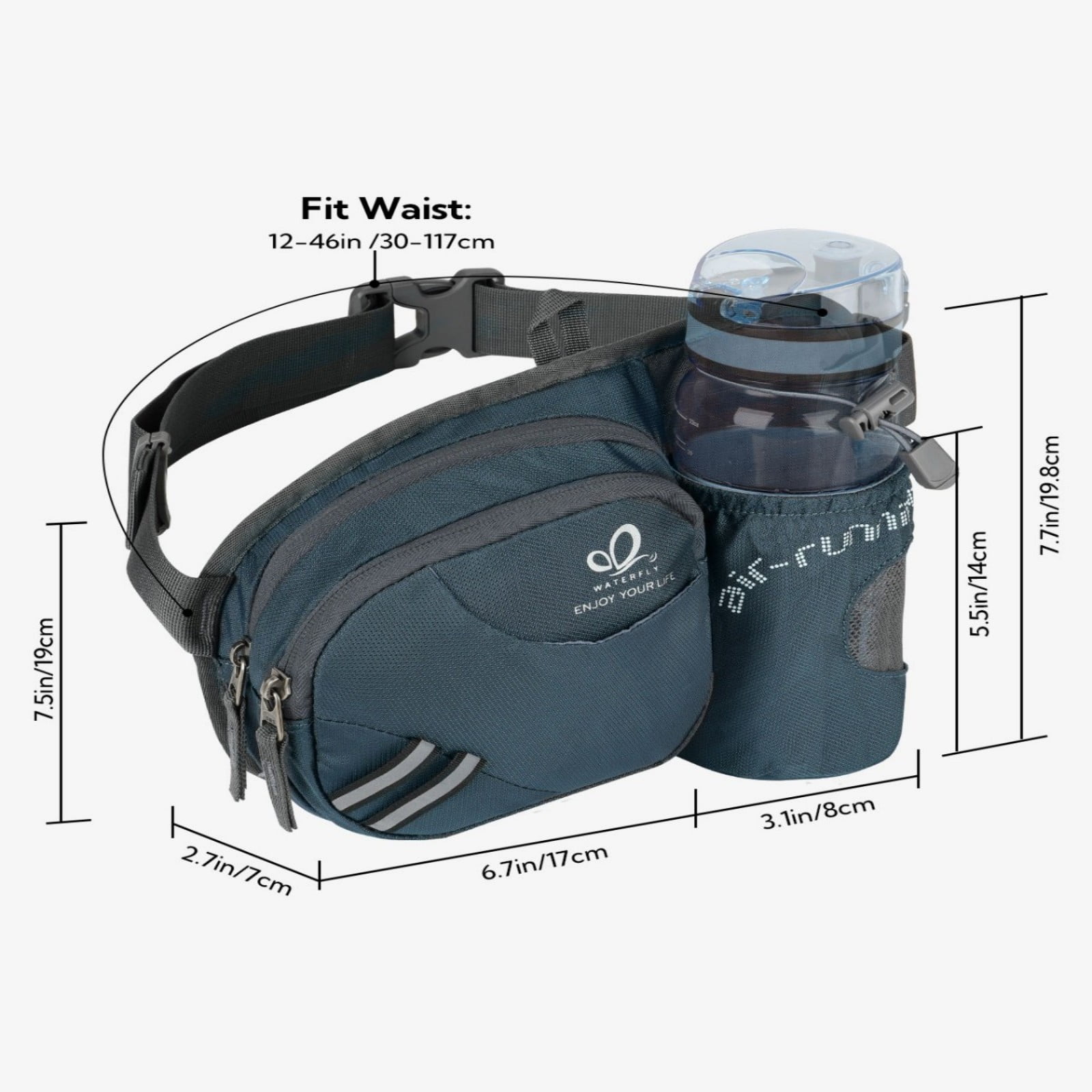 WATERFLY Unisex 3.5L Nylon Fanny Packs with a Water Bottle Holder Travelling Hiking Walking,Dark Gray