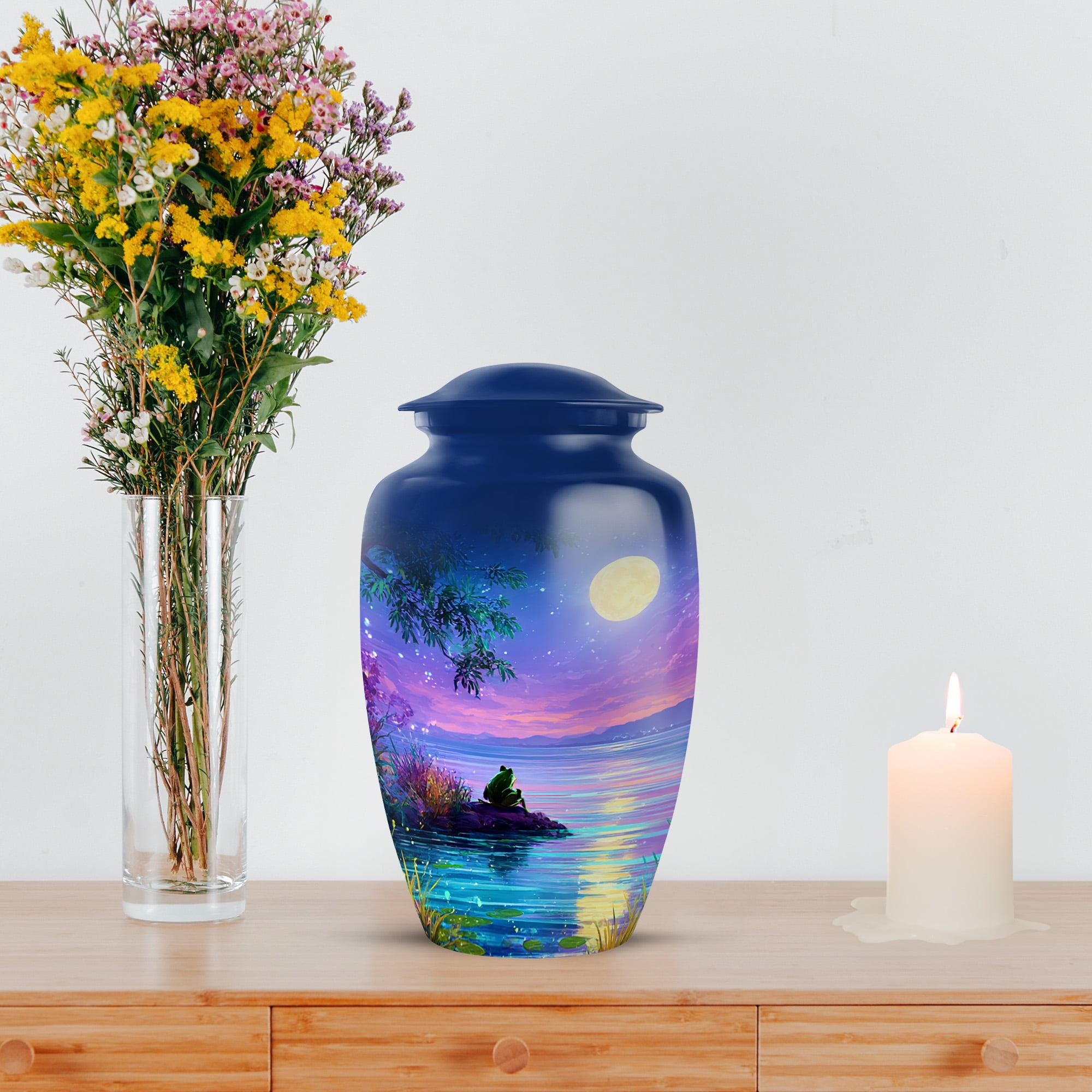 MUKTIVE Frog Cremation Urns for Adult Male, Blue Funeral Urn for Ashes for Women, Moon Burial Urn for Loss of Mom, Large Memorial Urns for Human Ashes, 10 Inch