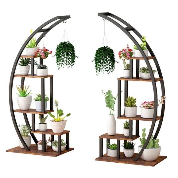 Support à Plantes Arqué à 5 Niveaux pour Plusieurs Plantes en Pot – Étagère à Fleurs Industrielle Vintage en Métal et Bois – Grand Présentoir à Plusieurs Niveaux pour la Décoration Intérieure, du Salon, du Balcon, du Patio Ou du Jardin