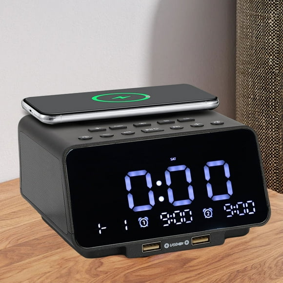 Alarm Clock Radio Speaker with Wireless Charging Dual USB Ports, Digital FM Radio, 10W Stereo Bass, Bedside Charging Station, Dimmable LED Display