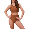thumbnail image 1 of INSPIRAR CHIC Conjuntos de Bikini Elegantes de Una Sola Manga para Mujeres, 2 Piezas, Top con Push Up y Parte Inferior de Control de Abdomen, Trajes de Baño, Pequeño, Marrón, 1 of 5