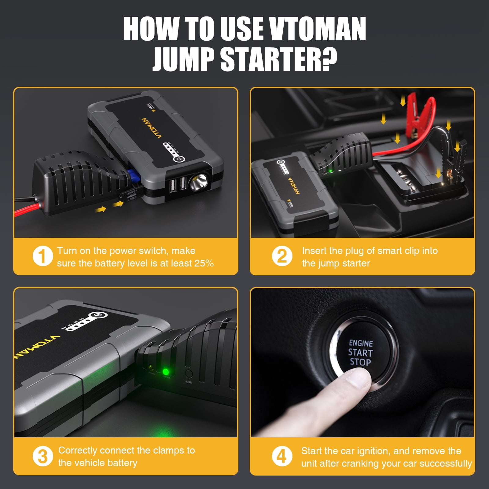 VTOMAN 1500A Jump Starter,Car Battery Jumper Starter for 12V Vehicles (up to 6.0L Gas&4.0L Diesel),Portable Lithium Booster Charger with Jumper Cables