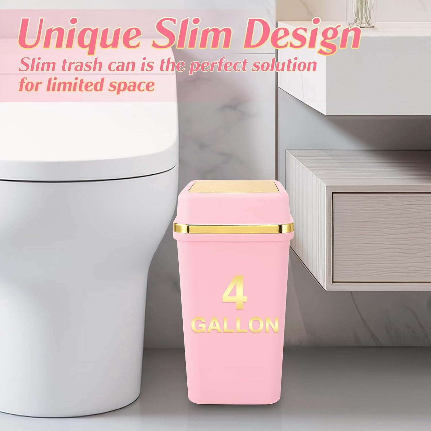 3 Pack 4 Gallon Bathroom Trash Can with Lid, Slim Small Garbage Bin for Kitchen Bedroom Office, White/Pink/Green