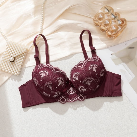 Fatuov Lace Underwire Bras for Women Solid Color Push Up Comfort Everyday Bra for Work, Full Coverage Supportive Lightly Lined Bra 38A, Wine