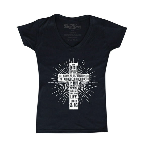 Shop4Ever Women's John 3:16 Cross Slim Fit V-Neck T-Shirt X-Small Black