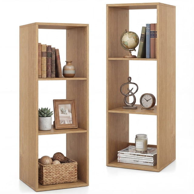 Gymax 2PCS 3-Cube Bookshelf Vertical Bookcase w/Back Guardrail & Anti-tipping Kits Natural