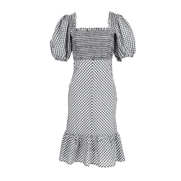 Pre-Owned Ganni Smocked Puff Sleeve Gingham Dress in Black and White Polyester