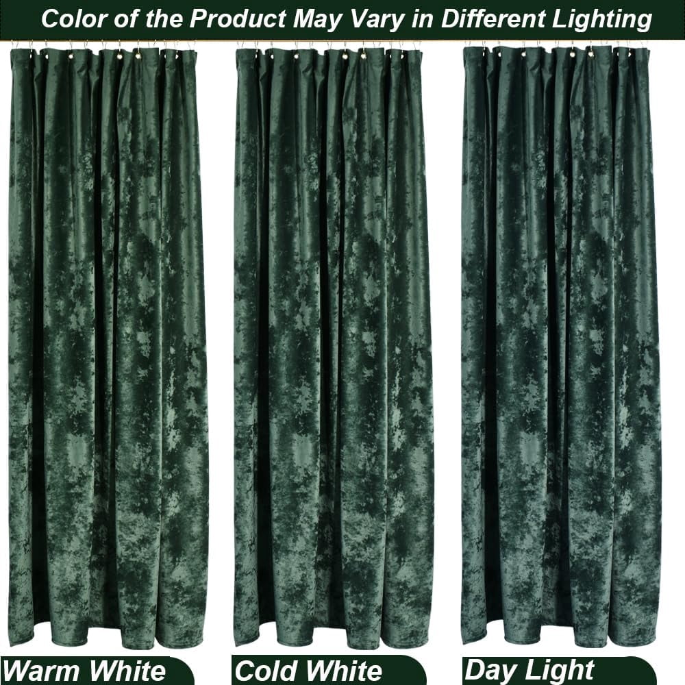 78 inch Shower Curtain, Crushed Velvet Long Shower Curtain Set with 12 Gold Hooks, Waterproof Thick Fabric, Machine Washable, 72W x 78H, Dark Green