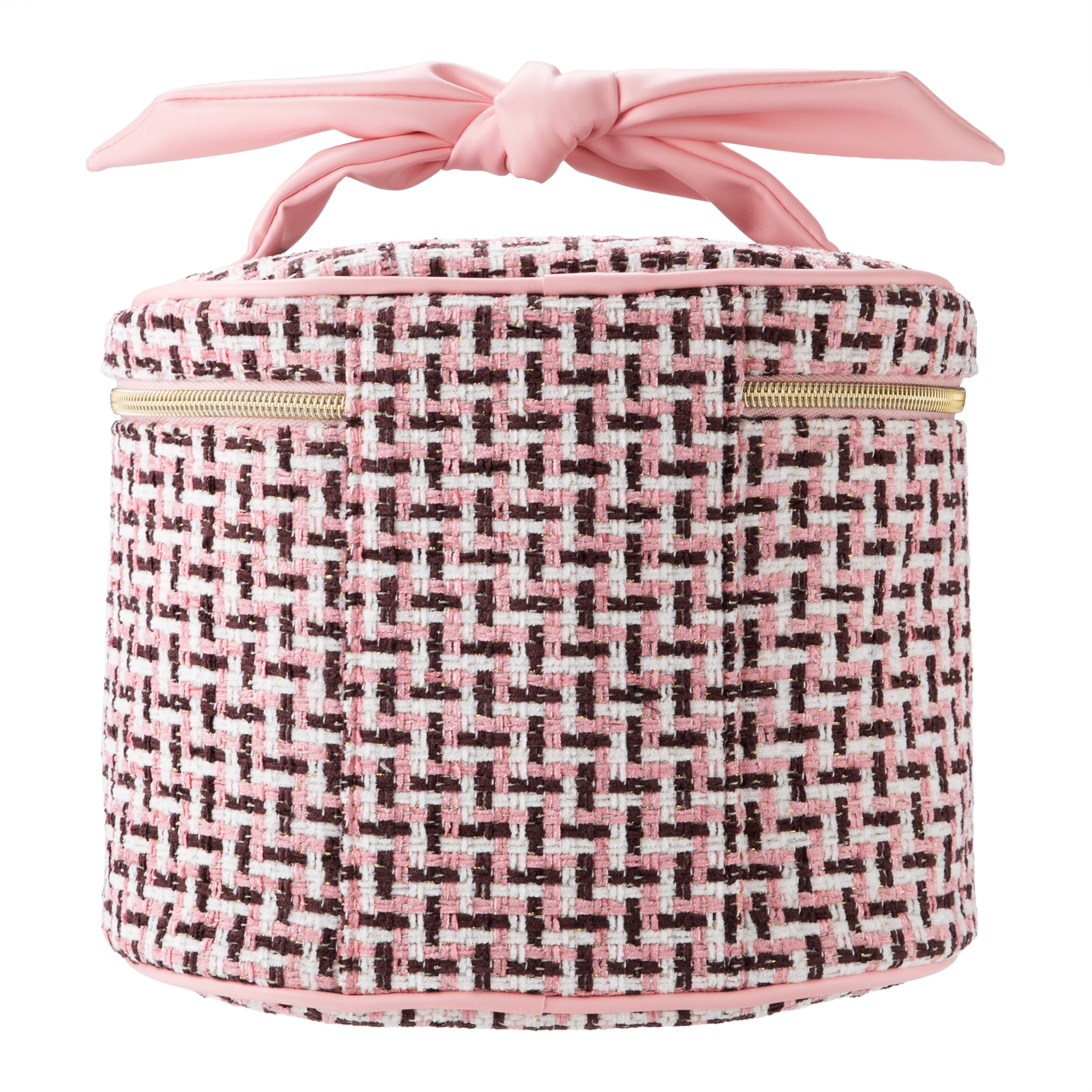 Tweed Cosmetic Bag with Zipper, Pink/Black/White, 9" x 10"