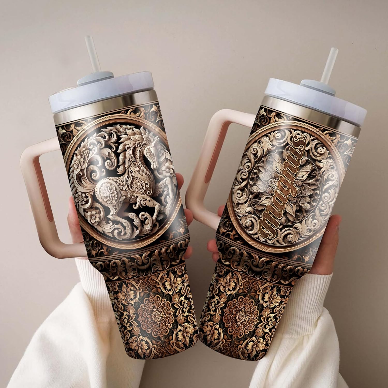 Personalized Horse Tumbler 40oz with Handle and Straw Custom Name Wooden Drawings Vacuum Tumblers Stainless Steel Travel Mug Equestrian Gifts Birthday Christmas for Men Women Animal Lover