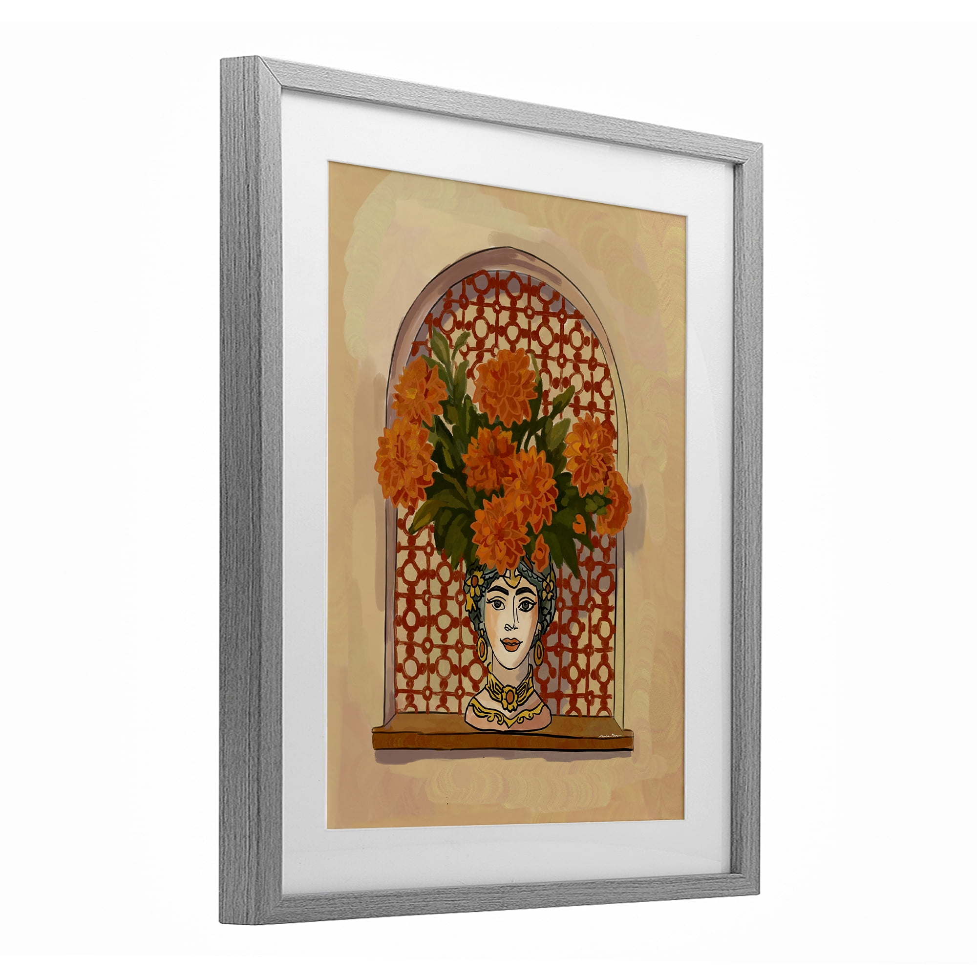 Stupell Industries Ornate Flower Head Vase Gray Framed Print Under Glass, design by Amelia Noyes