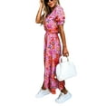 thumbnail image 3 of Genuiskids Women Summer Boho Short Sleeve Floral Midi Dress V Neck Ruffle Bohemian Swing Beach Dresses Elegant Beach Sundress, 3 of 5