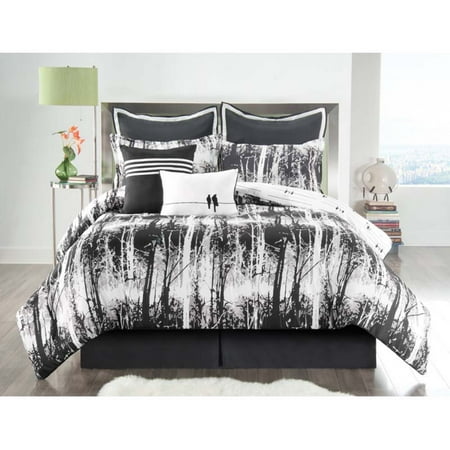 VCNY Home Woodland 8-Piece Black and White Nature-Inspired Reversible Bedding Comforter Set, Euro Shams Included