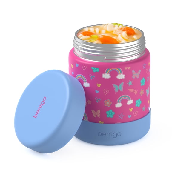 Bentgo Kids Stainless Steel Food Jar - 11 fl oz Leak-Proof Double Insulated Hot/Cold Food Container with Silicone Bumper, Dishwasher Safe, Easy Open Lid, Ages 3 (Rainbows & Butterflies)