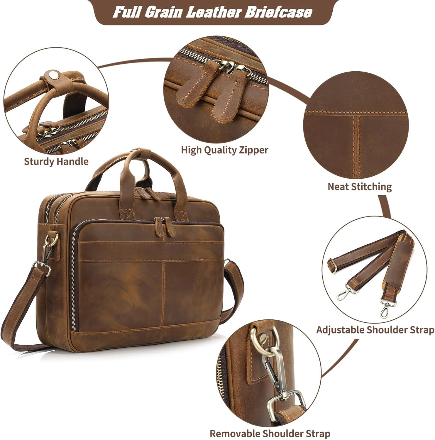 Full Grain Leather Briefcase for Men, Business Messenger Bag Laptop Bag Attache Case, Fits 15.6 Inch Laptop